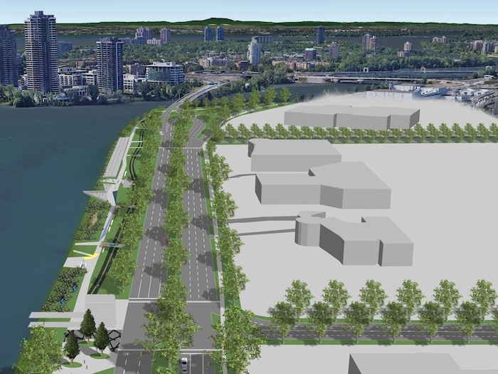 Une infographie qui montre les aménagements urbains proposés par Projet Montréal. Une promenade gazonnée longerait ainsi le boulevard.