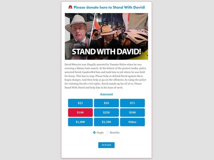 Capture d'écran d'une campagne de financement en faveur de David Menzies, de Rebel News.