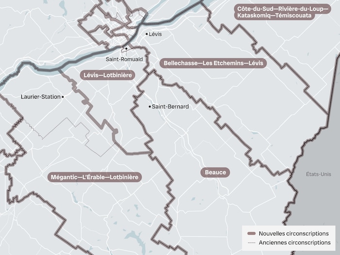 Carte montrant les limites des nouvelles circonscriptions ainsi que les anciennes.