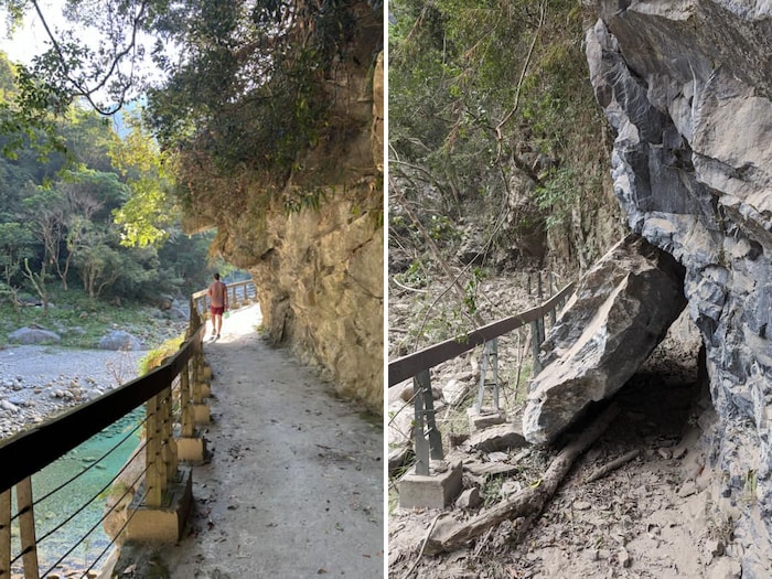 Montagem mostrando a pista antes e depois do terremoto coberta de pedras.