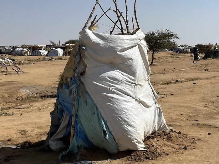 Des branches entourées de bâches forment une sorte de tipi.