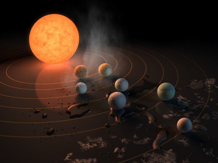 Représentation artistique de l'étoile Trappist-1 et de ses planètes.