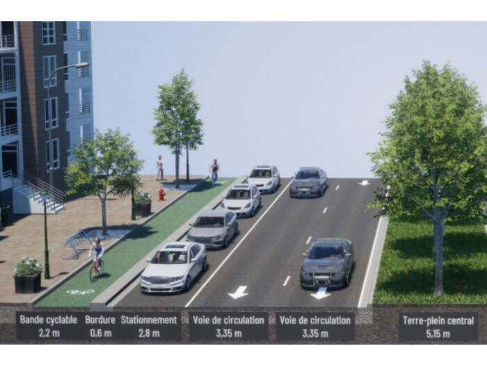 Une image montre une voie cyclable bordant une route utilisée par des voitures.