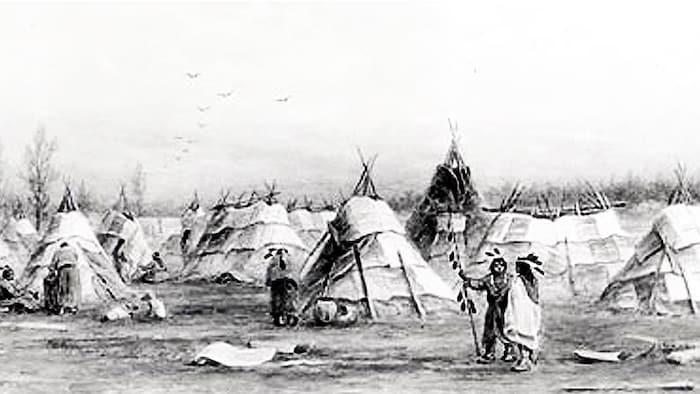 aquarelle représentant un campement Ojibway