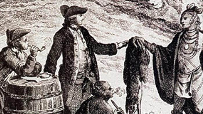 dessin représentant une personne autochtone qui vends ce qui semble être une fourrure à une personne européenne alors que deux autres personnes observent en fumant la pipe