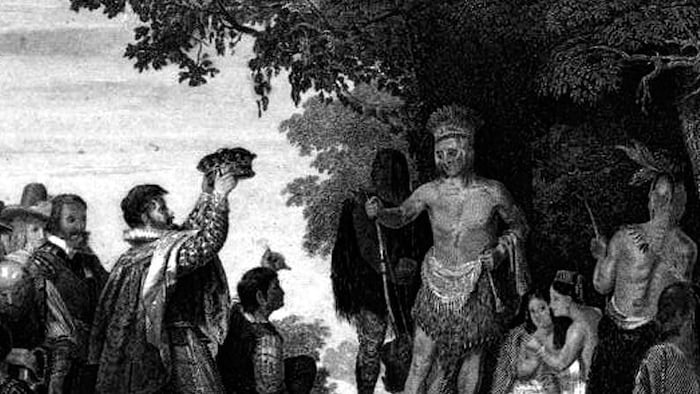 peinture représentant le couronnement du chef Wahunsenacawh (Powhatan)