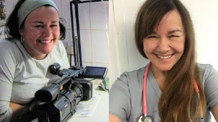 dos fotos una al lado de la otra de Rachel-Alouki Labbé, una con su cámara de video y la otra como enfermera