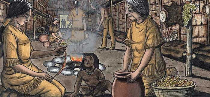 Dessin représentant des personnes iroquoiennes à l’intérieur d’une maison faisant diverses tâches. En avant plan une femme, un garçon et une ainée.