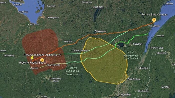 Un carte montrant plusieurs tracés envisagés pour un pipeline de gaz naturel vers Baie-comeau.