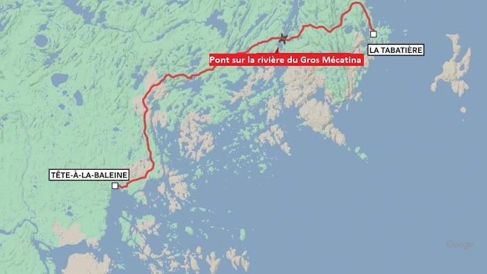 Une carte du trajet d'une route éventuelle entre Tête-à-la-Baleine et La Tabatière.