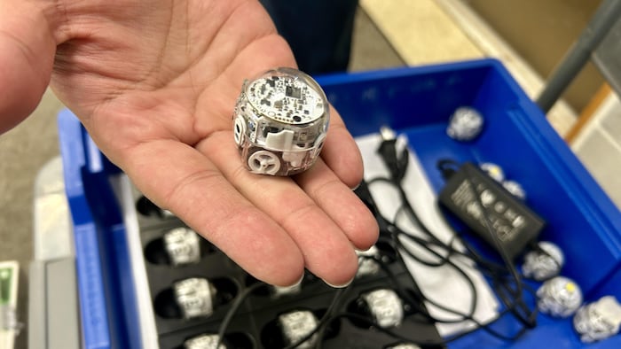Un petit robot éducatif qui se nomme Ozobot dans une main d'un humain.