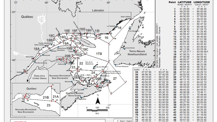 La carte des zones de pêche au homard du ministère des Pêches et des Océans du Canada.