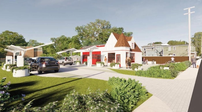 Une illustration idyllique d'une petite structure des années 1930, rénovée et embellie de portes de garage rouges, avec des automobiles électriques, des vélos, des plantes vertes et des individus figés sur place.