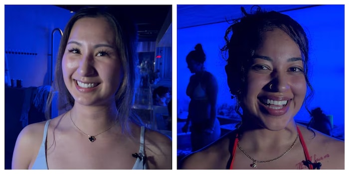 Un photomontage montrant deux femmes tout sourire dans un sauna à Calgary, le 8 avril 2026.