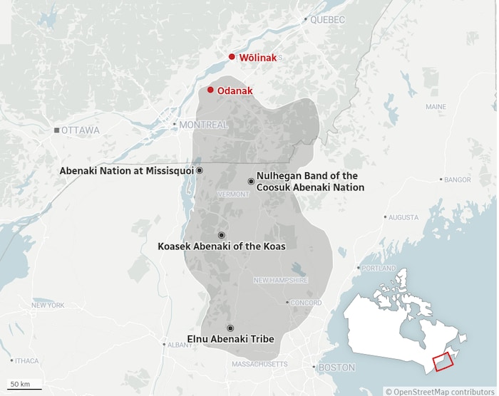 加拿大阿贝纳基社区及佛蒙特州（Vermont）四个获承认为阿贝纳基（Abenaki）族社区的位置。
