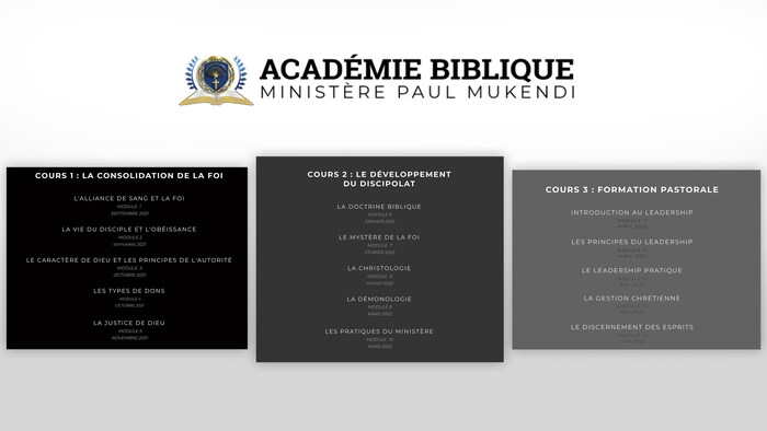 L'Académie biblique de Paul Mukendi propose trois sessions divisées en plusieurs modules
