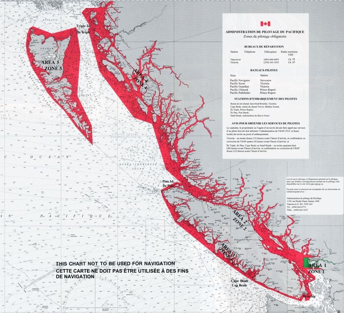 Carte des zones de pilotage obligatoire en Colombie-Britannique.