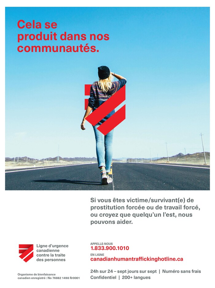 Le message sur cette affiche : « Cela se produit dans nos communautés ».  Il s'agit d'un pamphlet de sensibilisation fait par le Centre canadien.