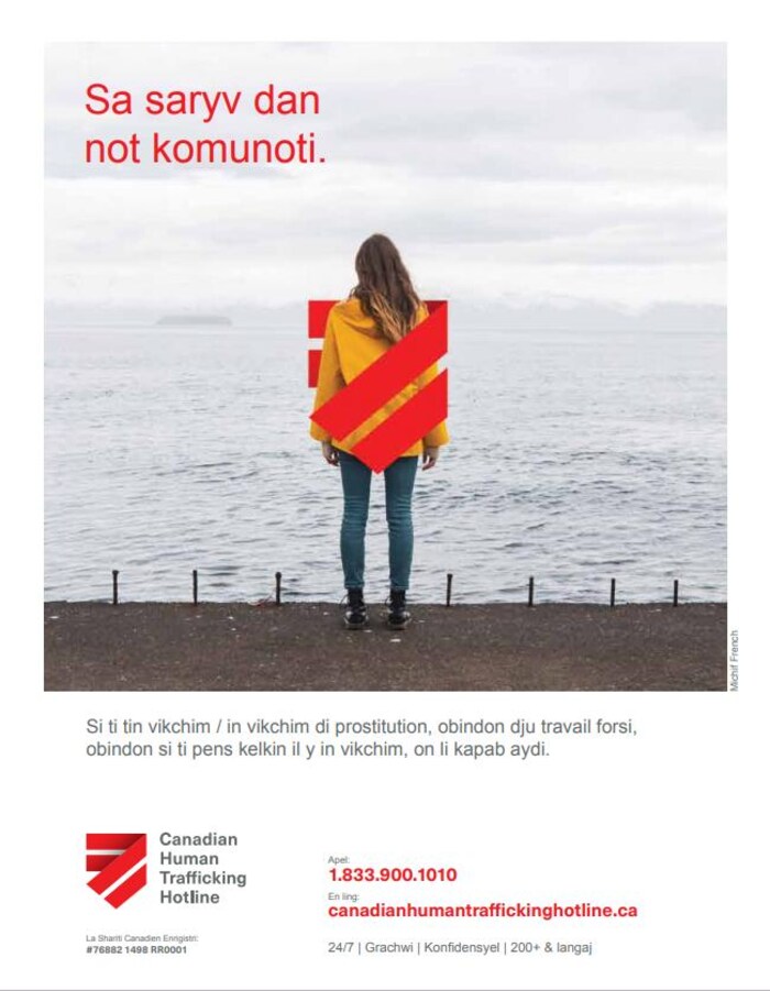 Le métchif ou mitchif est une langue mixte à base de cri et de français. Le message sur cette affiche : « Cela se produit dans nos communautés ».