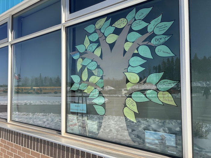 Un collage type bricolage dans une fenêtre. 