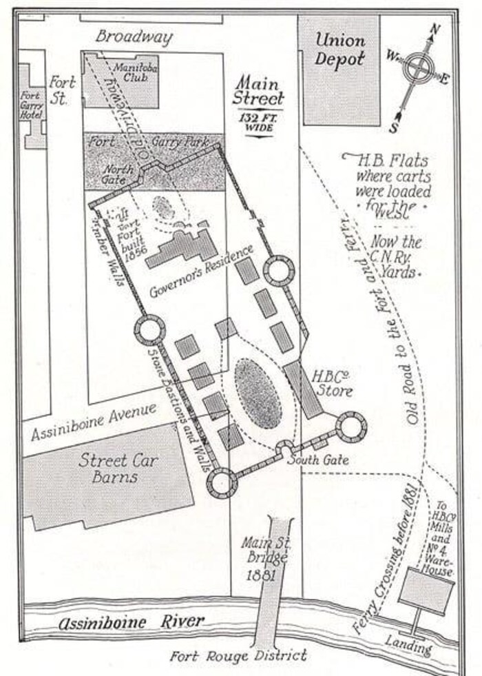 Carte de 1939 avec les plans de la rue Main et le Upper Fort Garry.