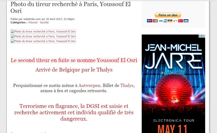Capture d'écran du site Wikistrike en lien avec l'attaque terroriste des Champs-Élysées.