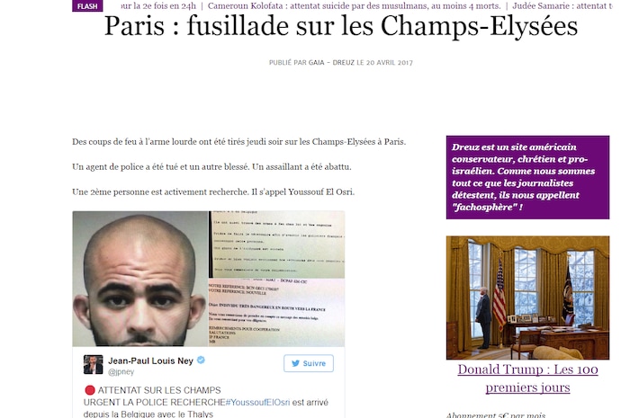 Capture d'écran d'un article du site Dreuz à propos de l'attaque des Champs-Élysées.