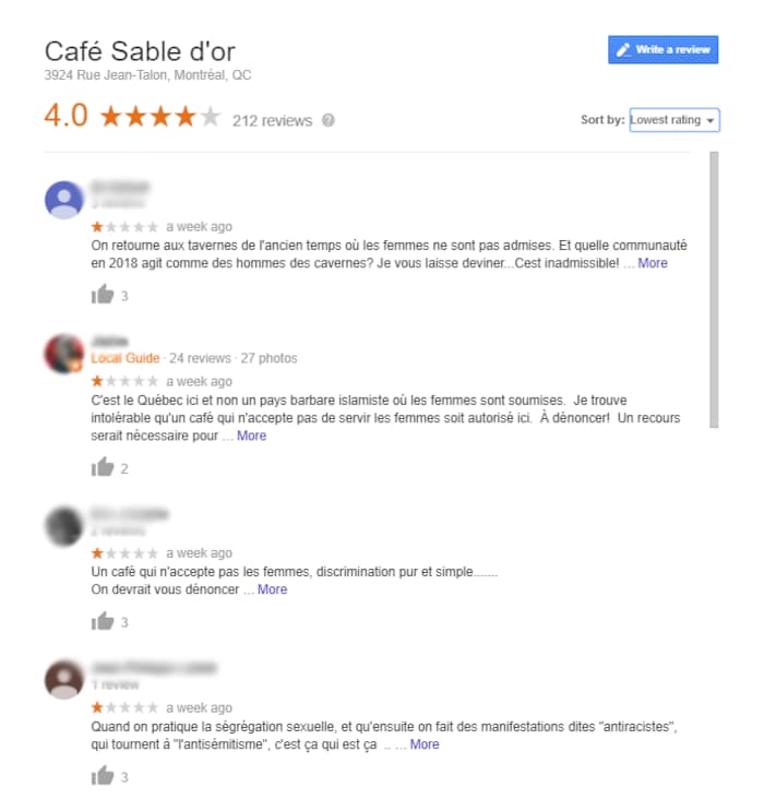 Des internautes publient des commentaires négatifs sur la page du Café Sable d'or, en affirmant qu'il refuserait les femmes.