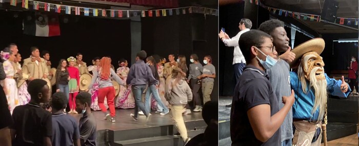 Des élèves de l'école secondaire Polyvalente Carrefour de Gatineau montent sur scène pour se faire photographier avec des danseurs et des mariachis du Mexique. 