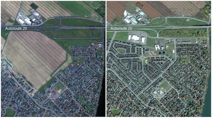 Vue satellite de la pointe nord de la ville de Beloeil en 2005 (à gauche) et en 2017 (à droite)