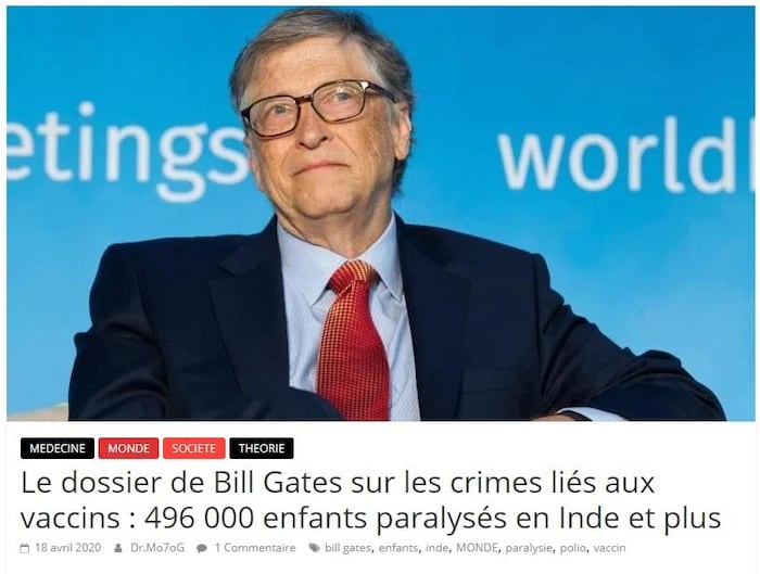 Capture d'écran d'un article intitulé «Le dossier de Bill Gates sur les crimes liés aux vaccins: 496 000 enfants paralysés en Inde et plus». 