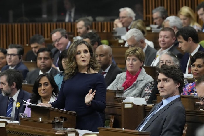 Deputy Prime Minister and Minister of Finance Chrystia Freeland presents the federal budget as Prime Minister Justin Trudeau listens in the House of Commons in Ottawa on Tuesday, April 16, 2024.