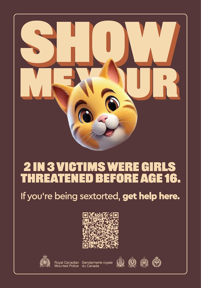 Une affiche de sensibilisation de la GRC contre la sextorsion représente un emoji de chat.