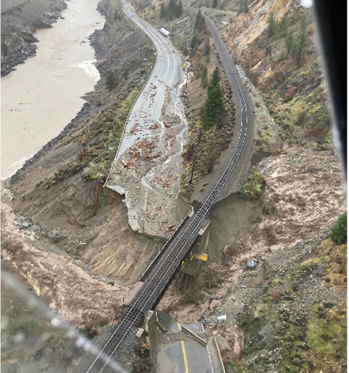 An aerial view shows a damaged road near Lytton, B.C., on Nov. 15.