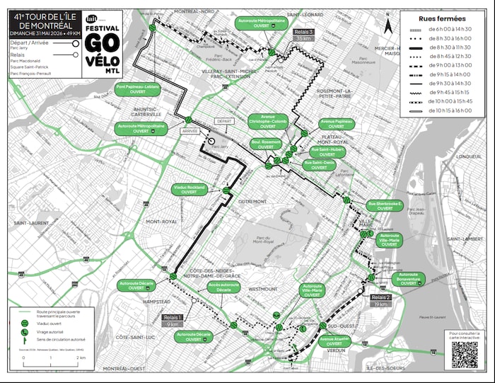 Une carte détaillant les heures d'ouverture et de fermeture des rues à la circulation générale durant le Tour de l'Île en 2026.