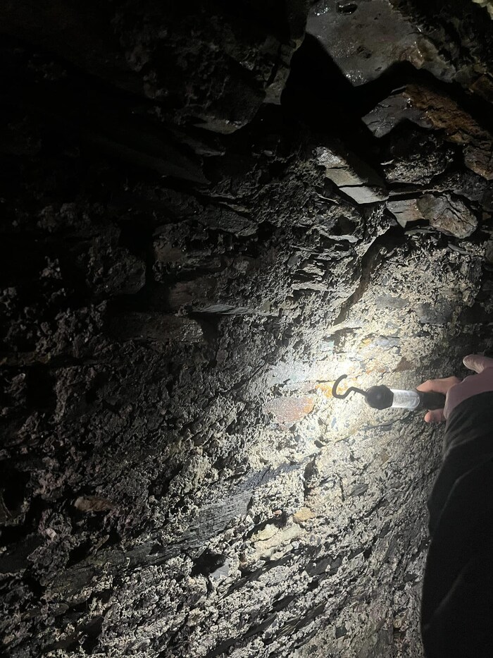 Un mur de pierre dans un couloir souterrain est illuminé partiellement par la lampe de poche que tient une personne.