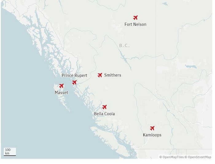 Une carte montrant les six aéroports de la Colombie-Britannique qui ont bénéficié d'un financement fédéral de 23, 5 millions de dollars en août 2026.