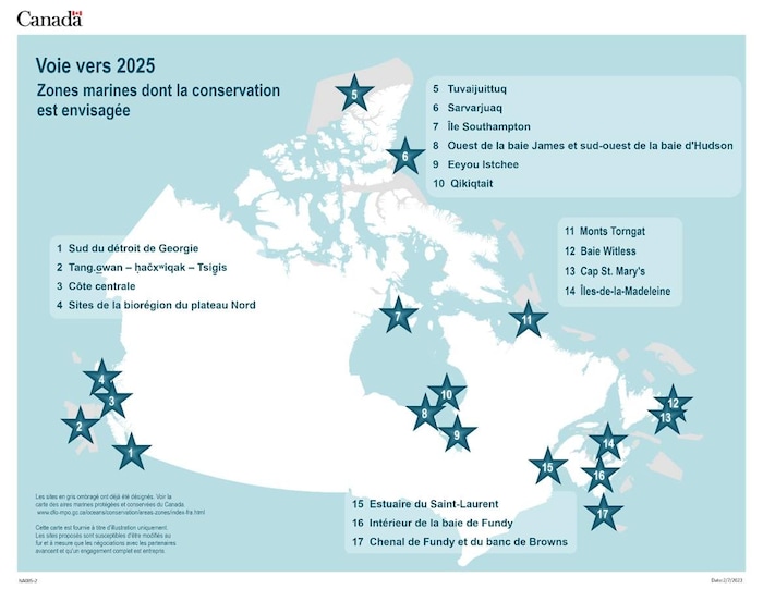 Carte du Canada indiquant l'emplacement de zones marines dont la conservation est envisagée.