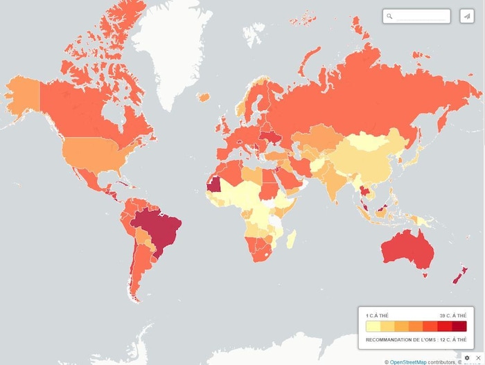 Carte du monde représentant la consommation de sucre par pays.
