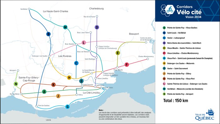 Carte de la ville de Québec montrant les intentions quant aux corridors Vélo cité, mais non les tracés précis qui seront empruntés.