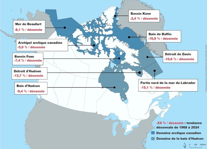 Une carte montrant les changements du couvert de glace dans l'Arctique de 1968 à 2024.