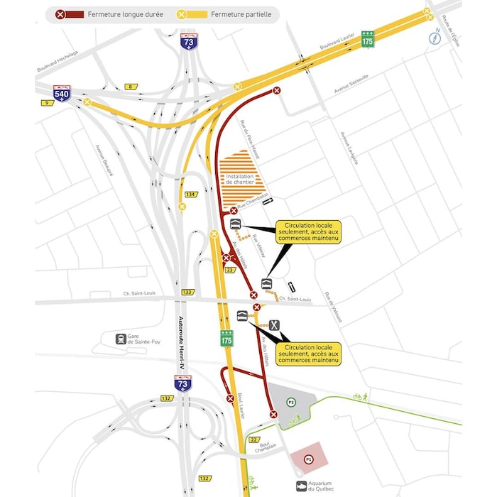 Une carte sur laquelle on voit l'entrée des ponts à Québec, et en rouge, l'avenue des Hôtels, qui mène vers le boulevard Laurier. Un secteur près du boulevard Laurier est aussi dédié au chantier, et est indiqué sur la carte.