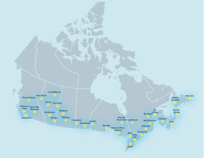 Une carte montre l'emplacement des radars météorologiques à travers le Canada en 2024.