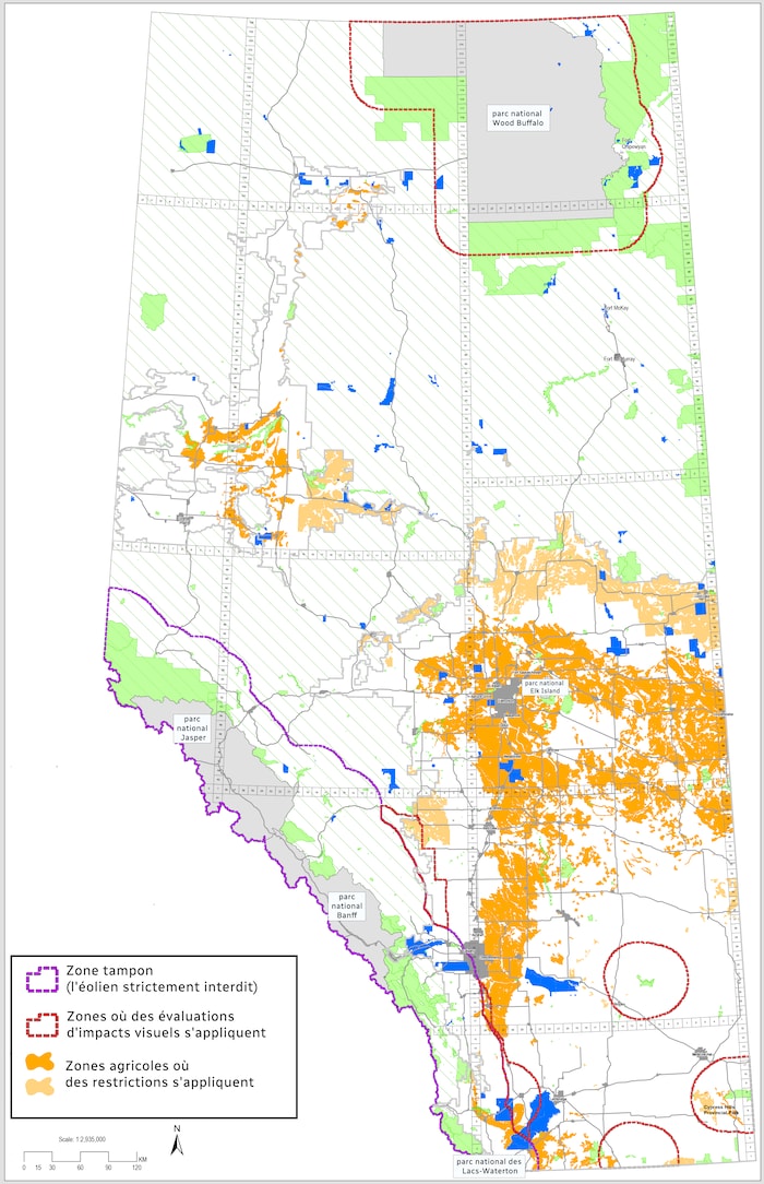 Carte de l'Alberta qui montre les zones de restrictions des projets d'énergie renouvelable.