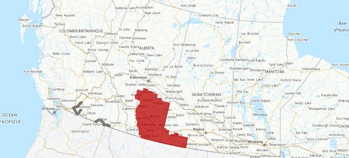 Une carte avec une zone délimitée en rouge dans le sud de l'Alberta.