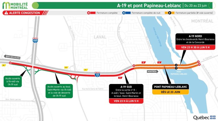 Carte des travaux sur le pont Papineau-Leblanc ce week-end.