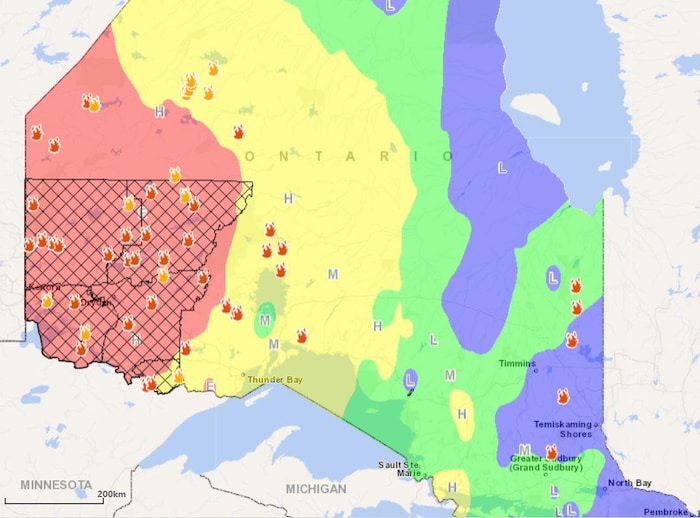 Une carte démontre que le risque d'incendie est extrême dans l'ouest de l'Ontario.