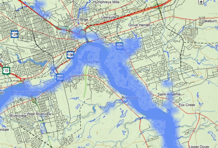 Carte des environs de Moncton illustrant un scénario potentiel d'inondation.