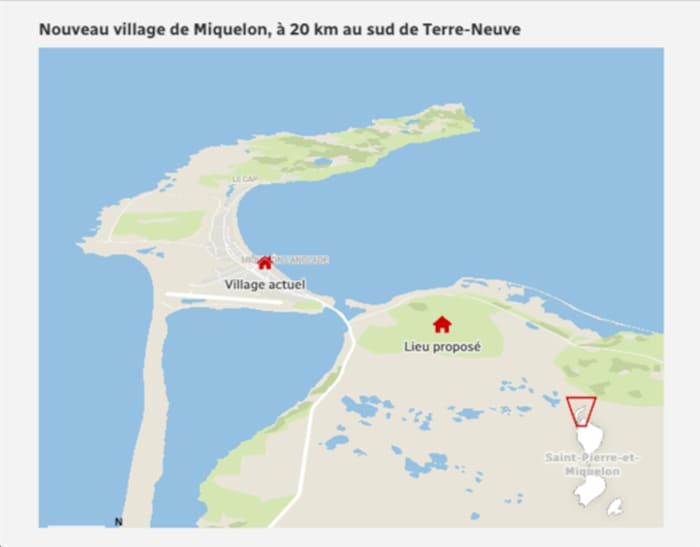 Carte montrant le lieu de l'emplacement choisi pour le nouveau village de Miquelon-Langlade.