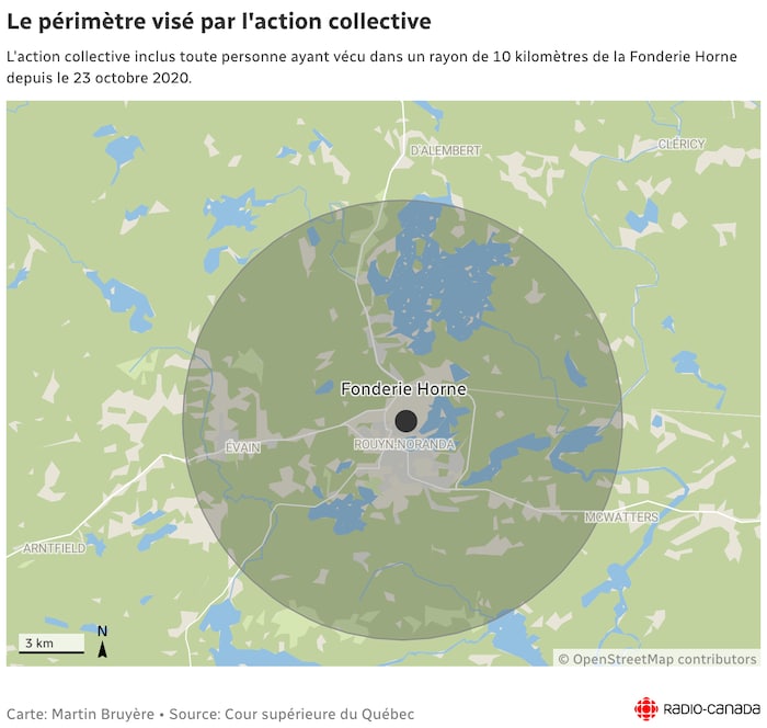 Carte de Rouyn-Noranda avec un cercle foncé délimitant la portion concernée.